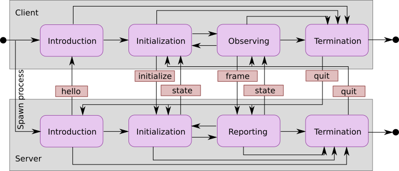 A graphical representation of client and server automata together with protocol states.
