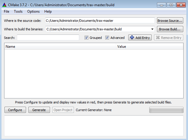 CMake GUI interface before configuration step.