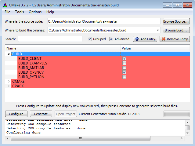 CMake GUI interface after configuration step, shown optional features flag variables.